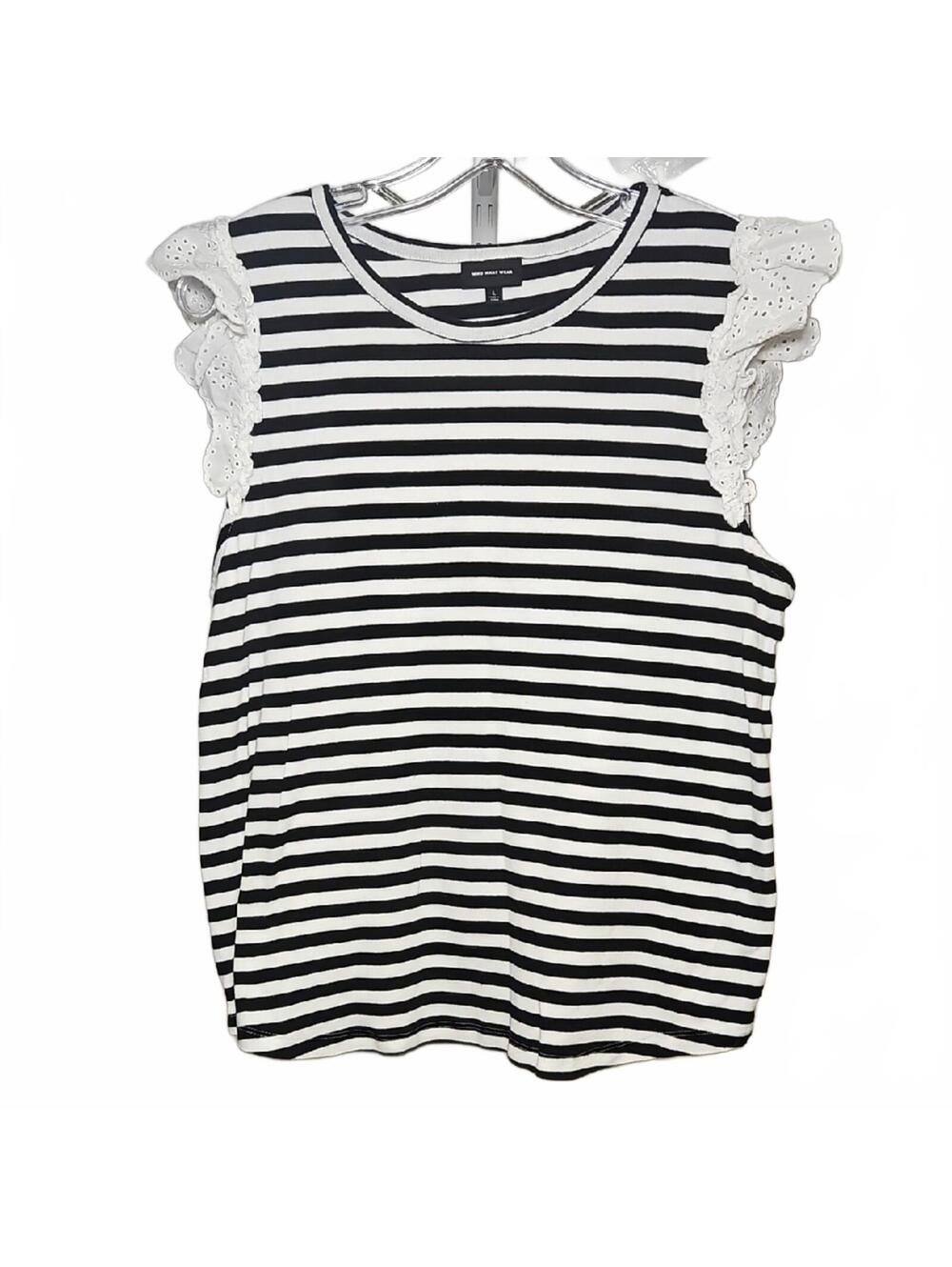 Who What Wear | Black and White Striped Top with Lace Sleeves | L